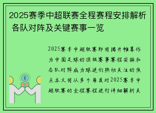 2025赛季中超联赛全程赛程安排解析 各队对阵及关键赛事一览